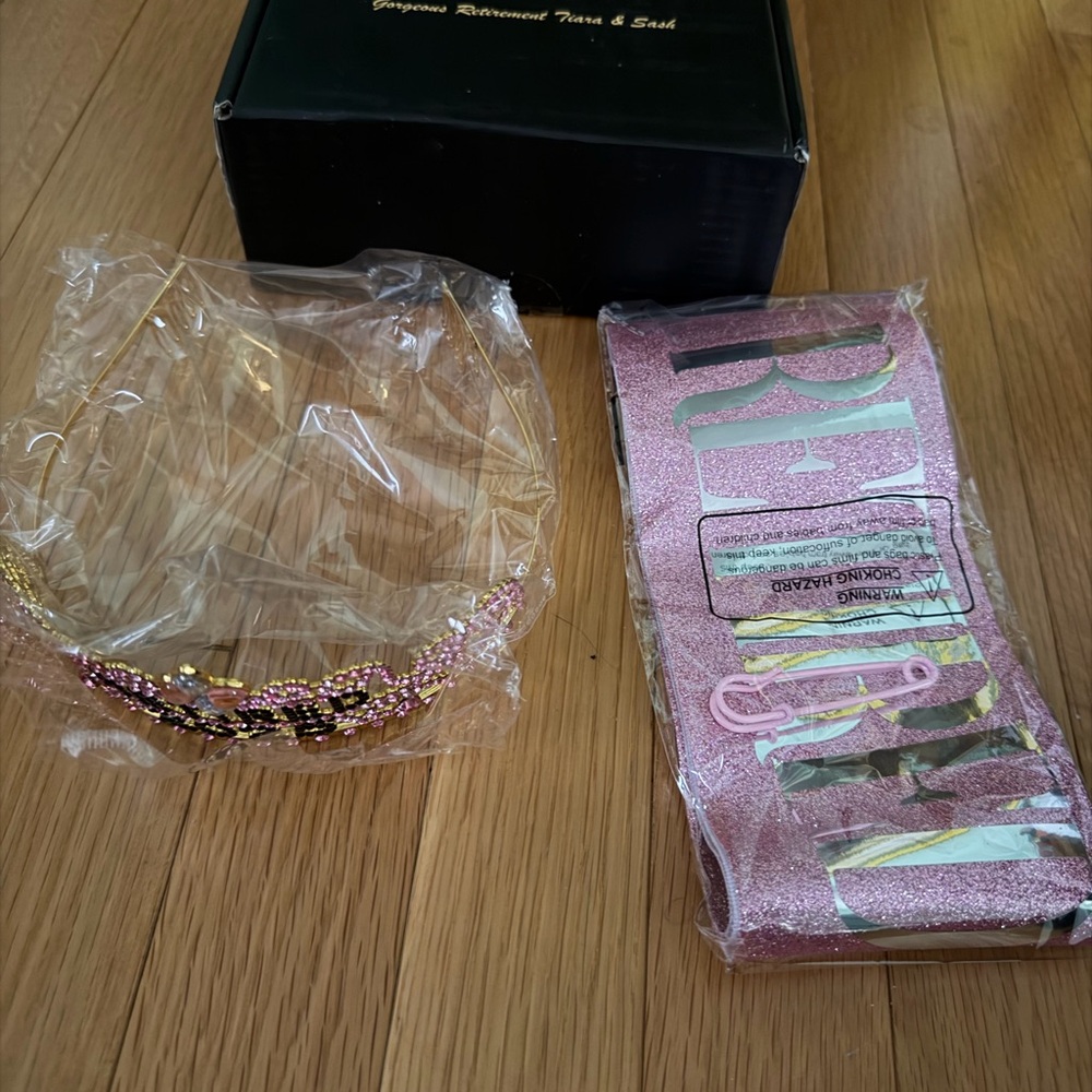 Retirement pink tiara and sash, includes box. Both are one size fits all. NWT